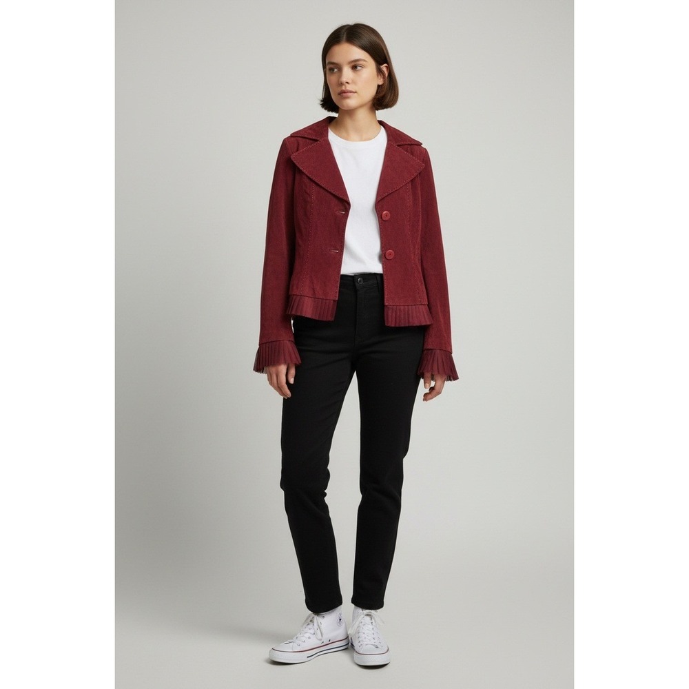 Danier Burgundy Red Genuine Leather Suede Jacket Pleated Trim Women Size L/G